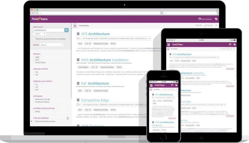 Fluid Topics documentation portal displayed on desktop, tablet, and smartphone.