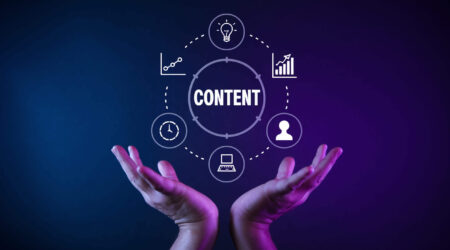 An image of two hands holding up the word "CONTENT," surrounded by icons representing ideas, time, a computer, user, and growth metrics, against a gradient background.