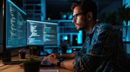 A person is coding at a desk with two monitors displaying programming code, in a dimly lit room.
