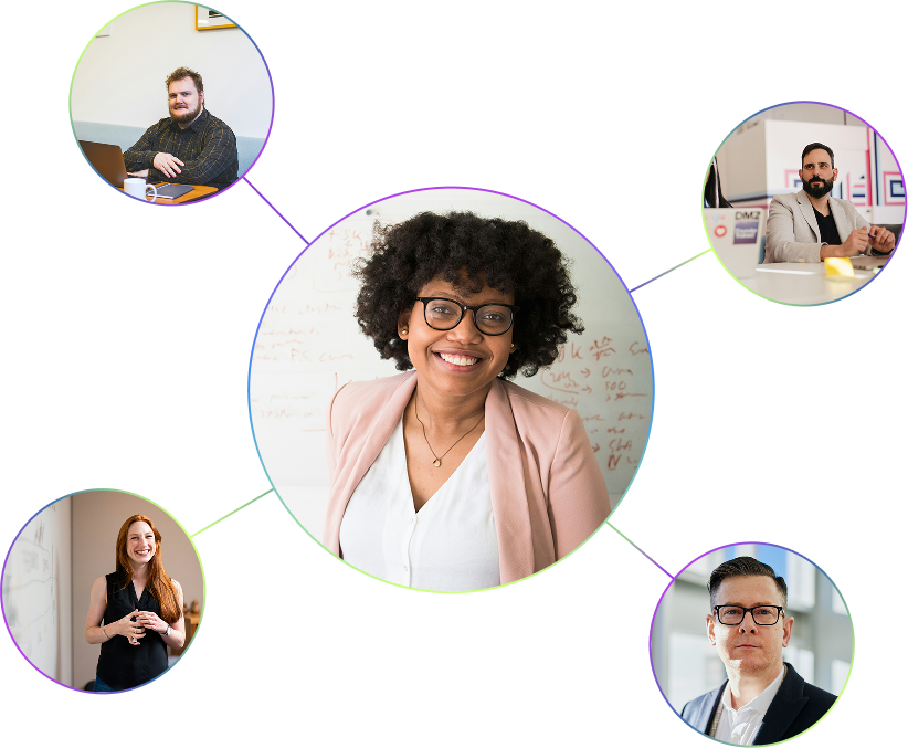 A vibrant graphic featuring a central smiling woman with curly hair, surrounded by four smaller circles showing diverse individuals engaged in various activities, set against a colorful background.