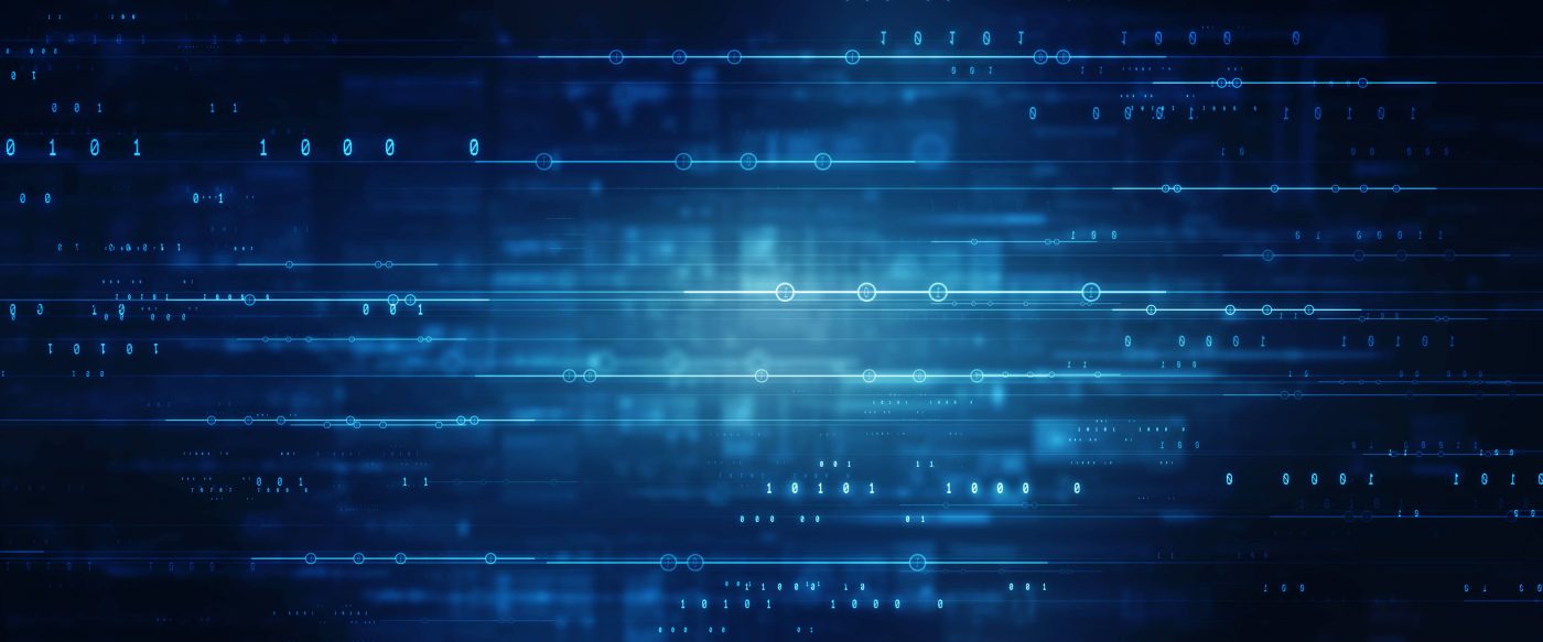 Abstract digital background with blue lines and glowing elements, resembling data flow or cybersecurity themes.