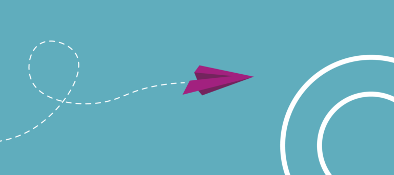 Illustration of a paper airplane flying along a dotted path.