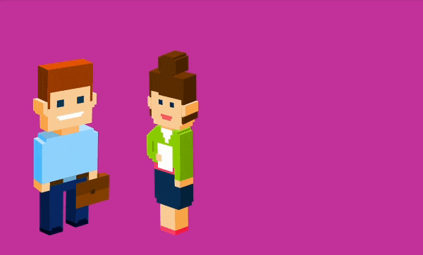 Pixel-art woman telling a briefcase-holding man, “This is going to take us too long!” on a magenta background.