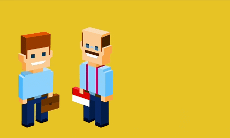 Pixel-art man with suspenders telling a colleague, “A new system will slow down product releases.” on a yellow background.