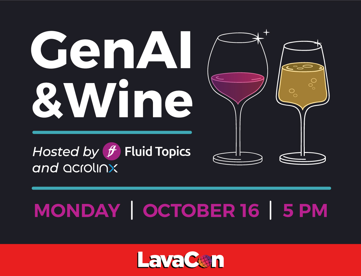 GenAI & Wine event hosted by Fluid Topics and Acrolinx at LavaCon, featuring wine glasses and event details.