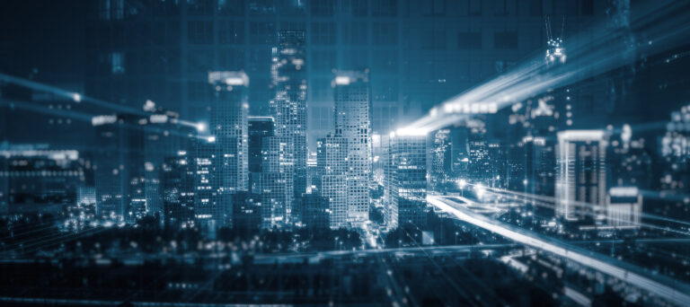 Futuristic cityscape with digital overlays representing smart city technology and connectivity.