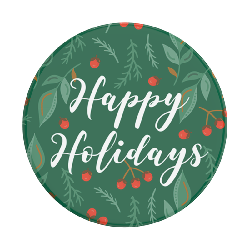 A circle image displaying happy holidays with a green background.