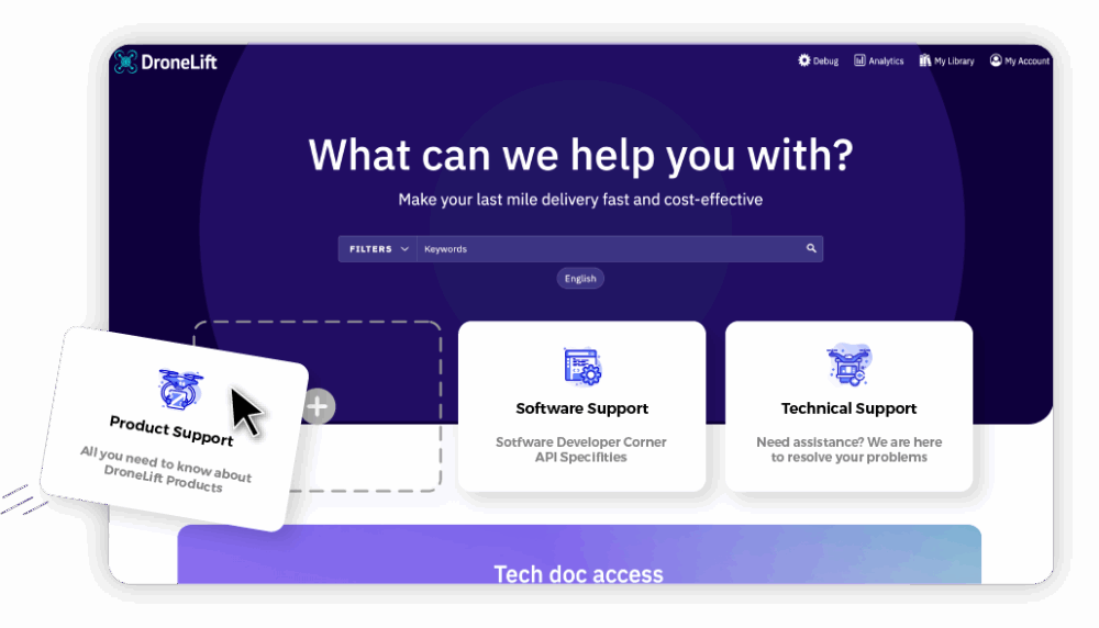 A webpage from DroneLift focusing on support options for last-mile delivery, featuring sections for Product Support, Software Support, and Technical Support.