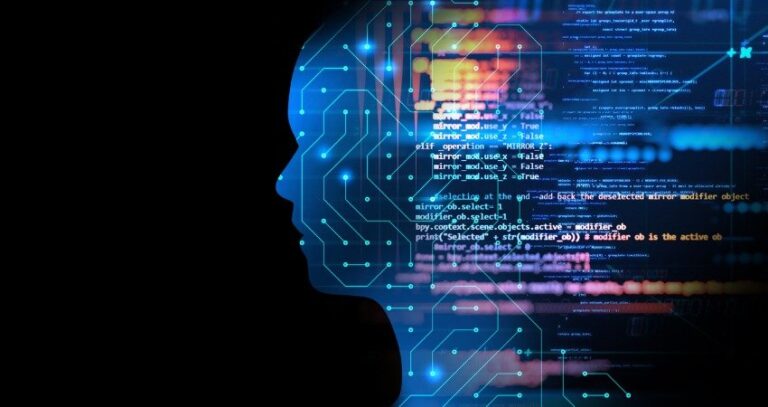 A digital silhouette of a human head with visually represented coding and circuit patterns.