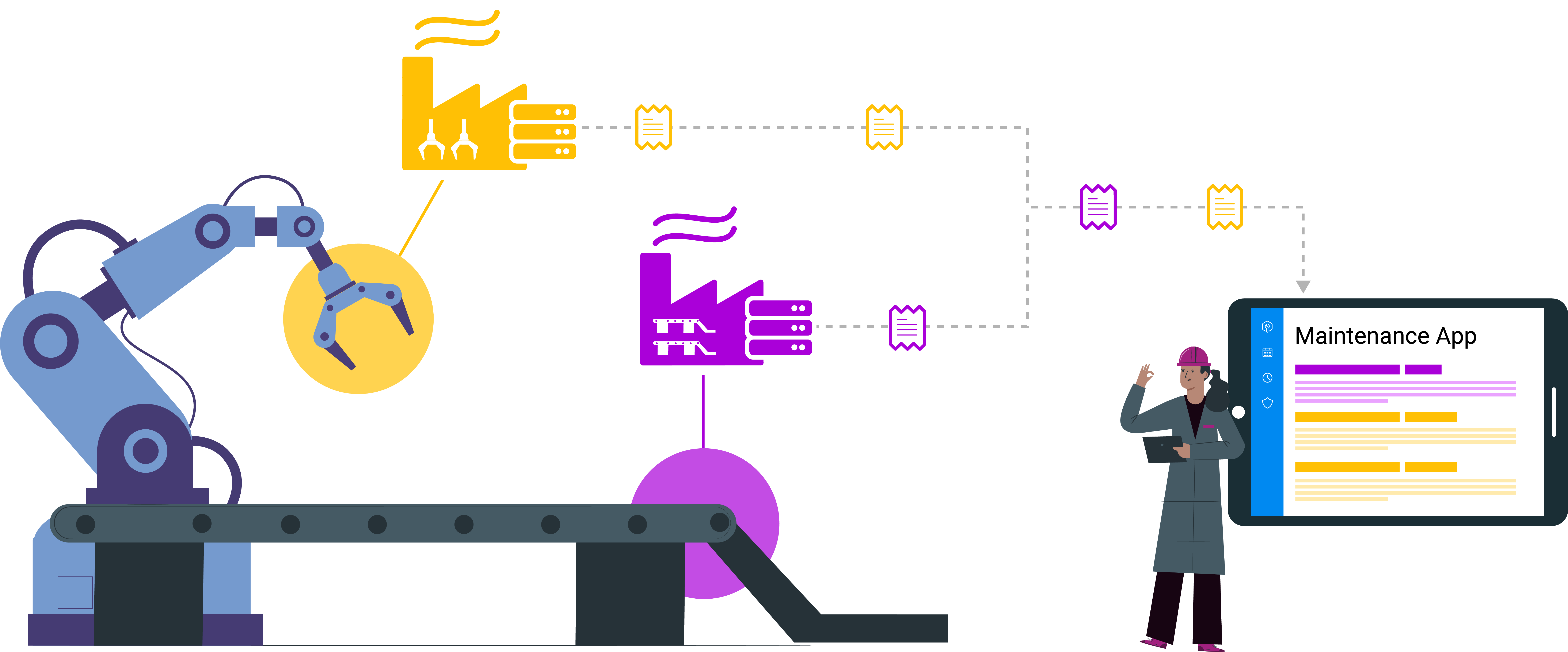 Illustration of a robotic arm and connected factories sending data to a technician’s maintenance app.