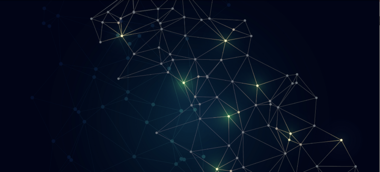 Abstract network of glowing nodes and lines on dark background representing digital connectivity.