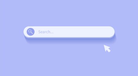 search bar and arrow on purple background.