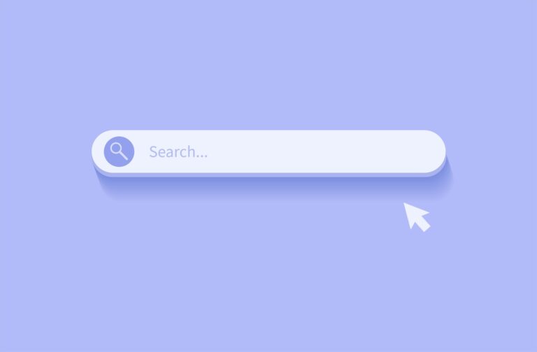 search bar and arrow on purple background.