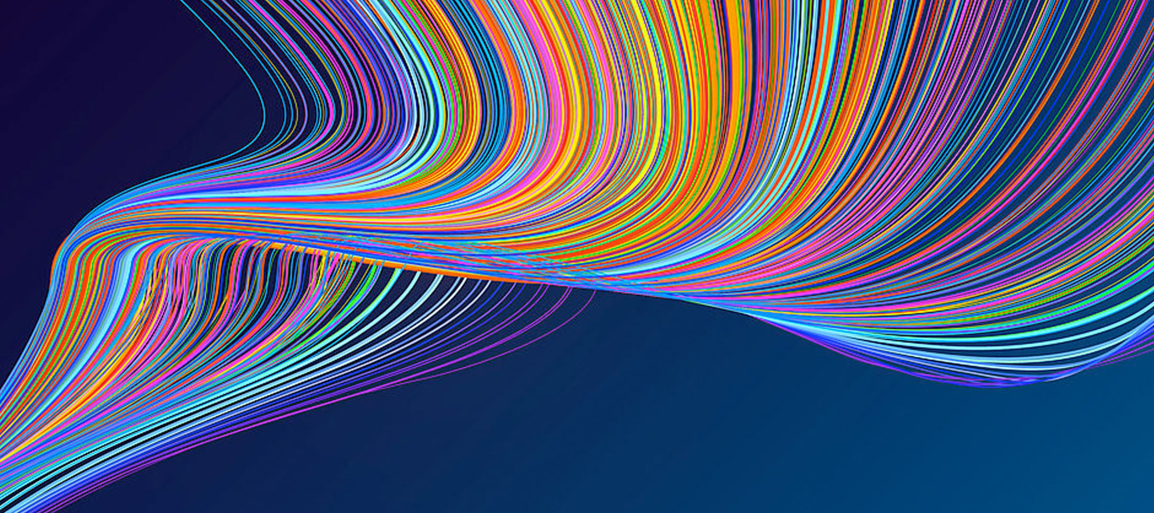 Colourful abstract wave lines on a dark blue background.