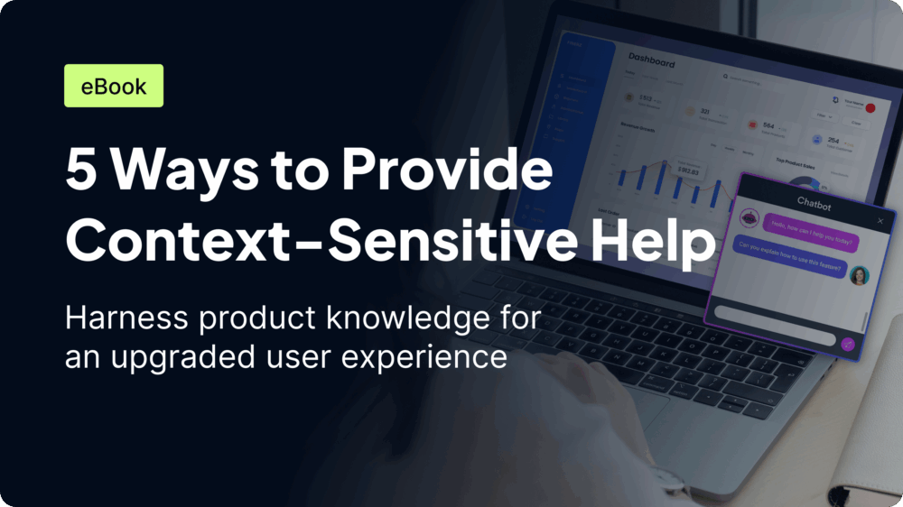 An eBook cover titled "5 Ways to Provide Context-Sensitive Help," featuring a graphic of a laptop displaying a dashboard and a chat window. The text emphasizes harnessing product knowledge for improving user experience.