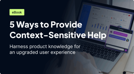 An eBook cover titled "5 Ways to Provide Context-Sensitive Help," featuring a graphic of a laptop displaying a dashboard and a chat window. The text emphasizes harnessing product knowledge for improving user experience.