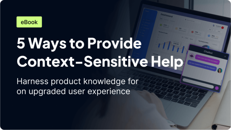 An eBook cover titled "5 Ways to Provide Context-Sensitive Help," featuring a graphic of a laptop displaying a dashboard and a chat window. The text emphasizes harnessing product knowledge for improving user experience.