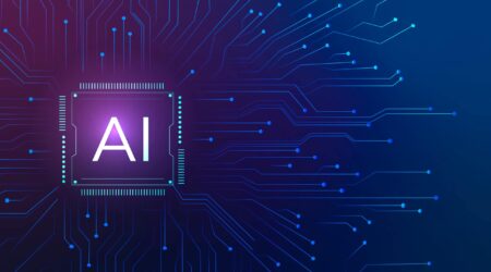 AI on blue purple background with microchip design.