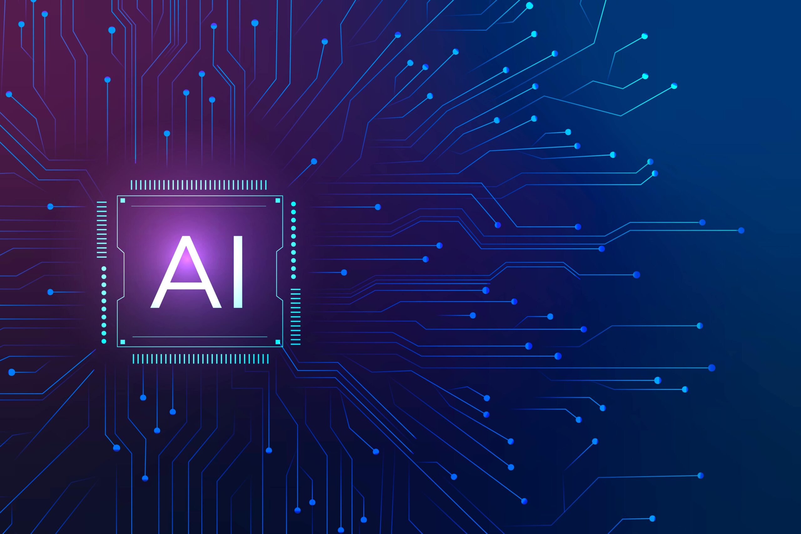 AI on blue purple background with microchip design.