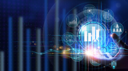 Business hand Worker holding Business analytics Big data analysis technology future concept on VR screen on blur background.