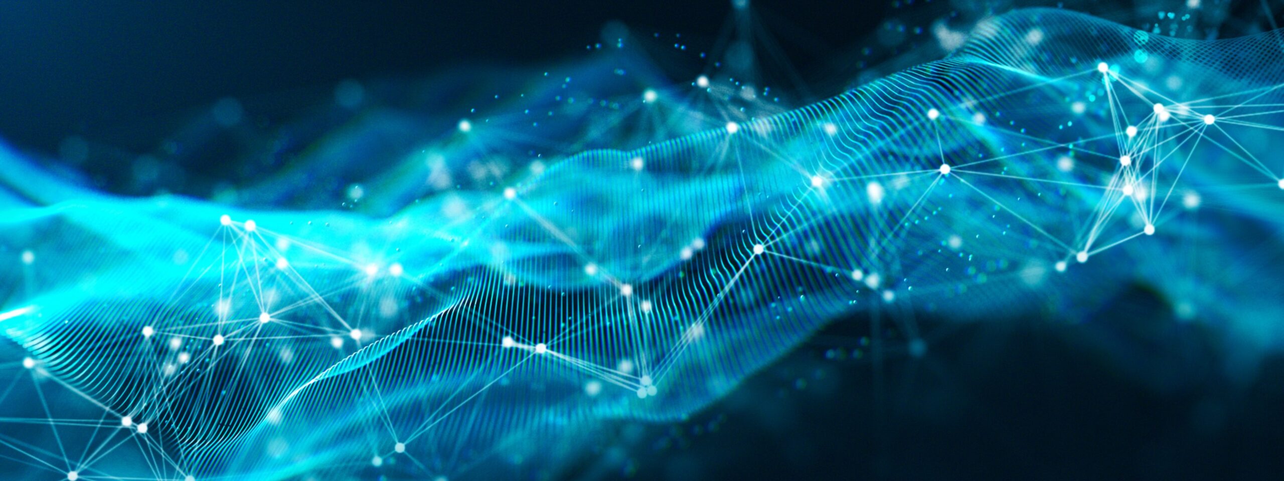 Abstract digital cloud network with glowing blue lines and data nodes on a dark background.