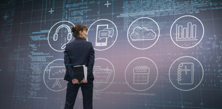 Businesswoman looking against blue matrix and codes.