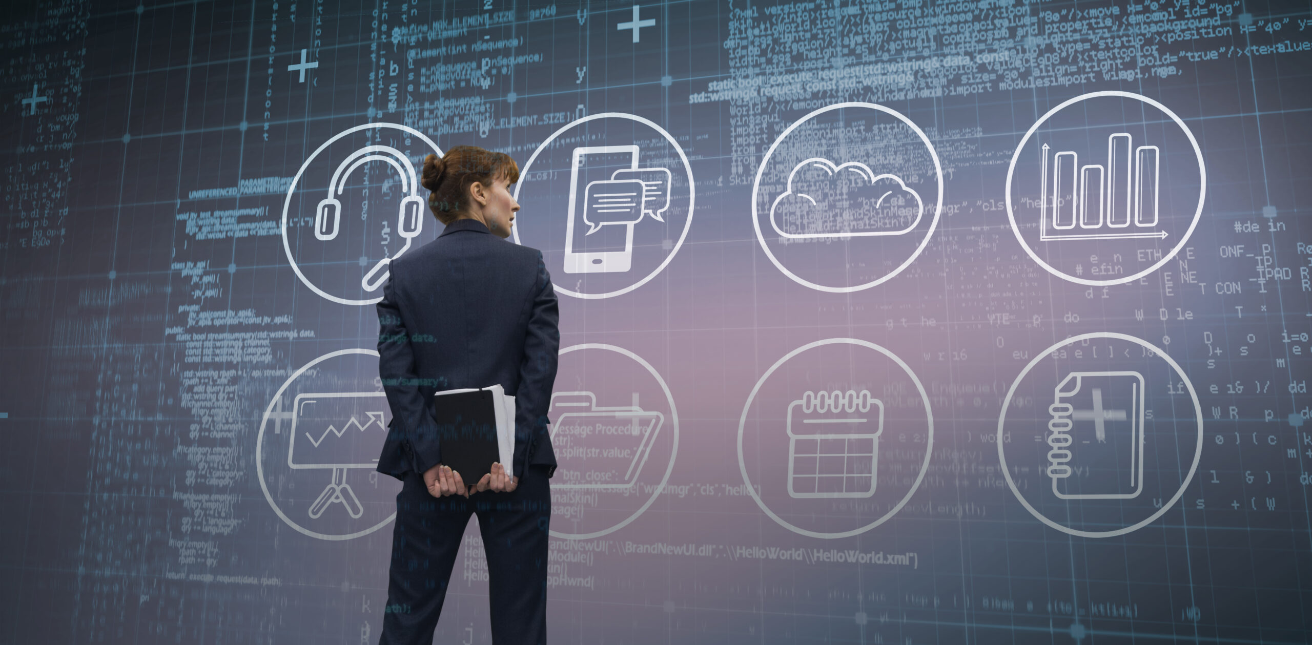 Businesswoman looking against blue matrix and codes.