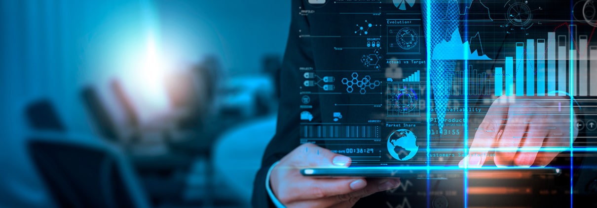 Businessman analyzing digital data hologram with graphs and analytics in a futuristic office setting.