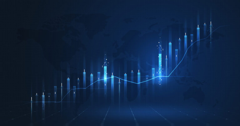 Stylized financial graph with blue bars and line trend on dark background showing data analysis.