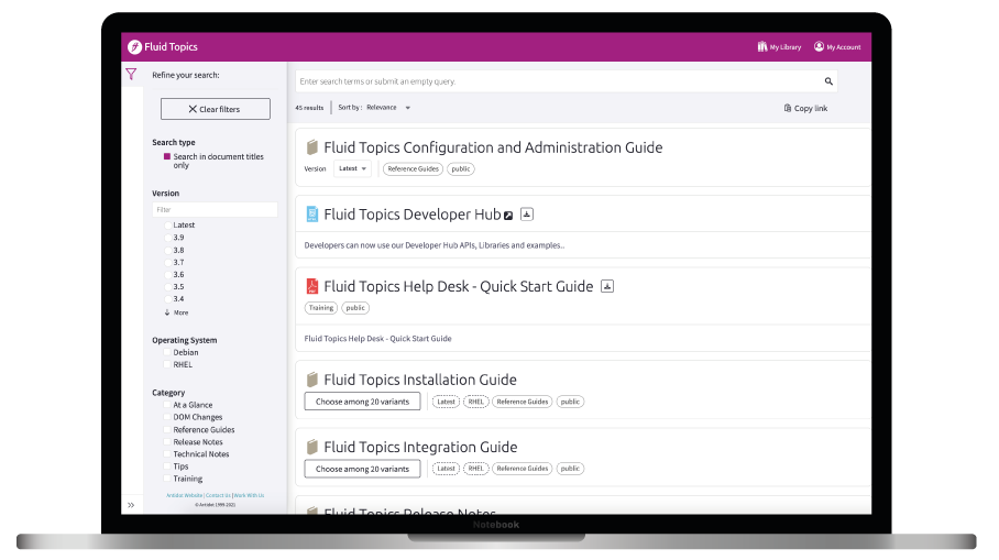 Fluid Topics Documentation portal in a desktop