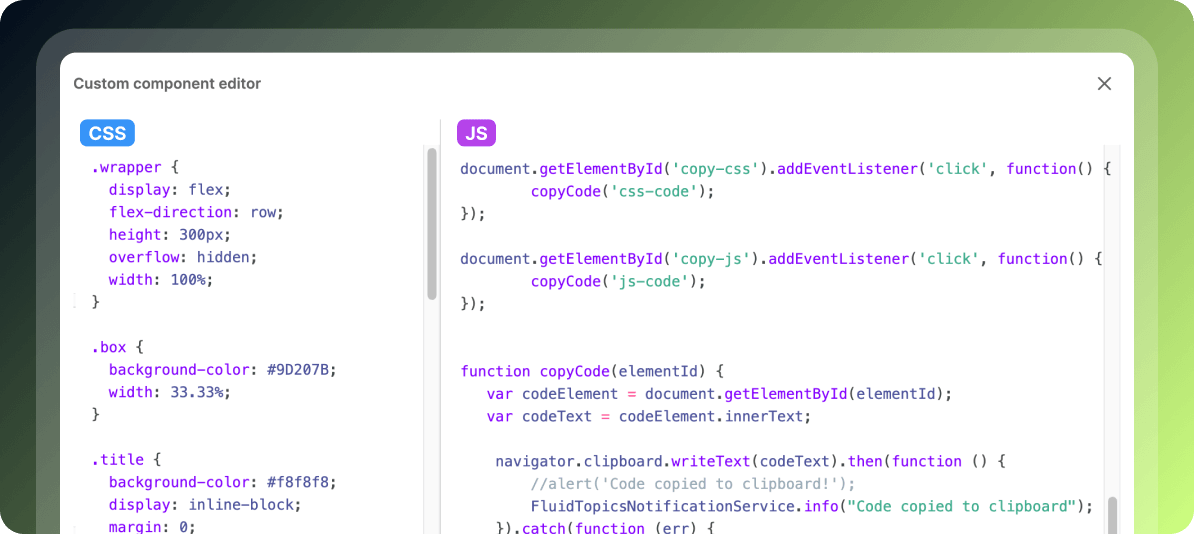 Fluid topics custom component code editor