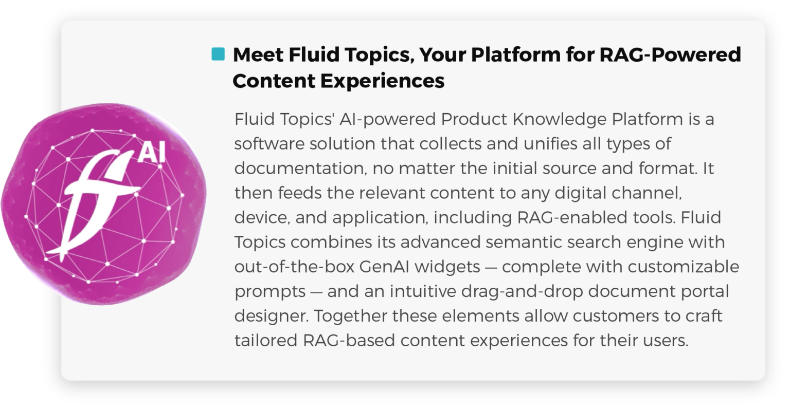 Fluid Topics logo next to an explanation of its RAG-powered platform.