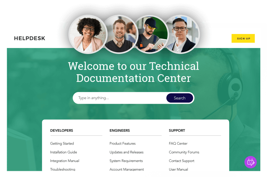 A webpage titled "Welcome to our Technical Documentation Center," featuring a search bar and sections for developers, engineers, and support, along with user profile images at the top.