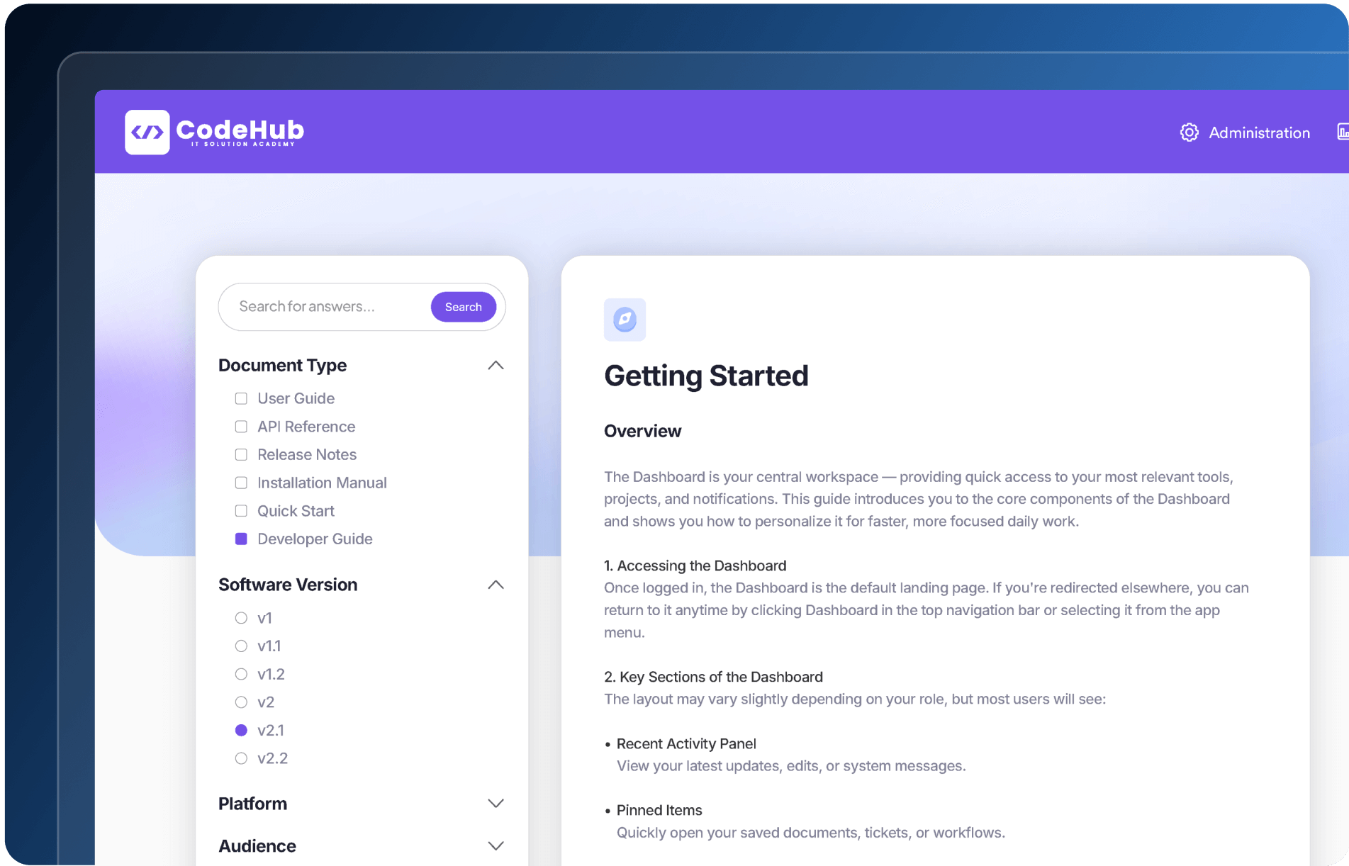 A screenshot of the CodeHub documentation interface, featuring sections on getting started procedure for a dashboard layout.