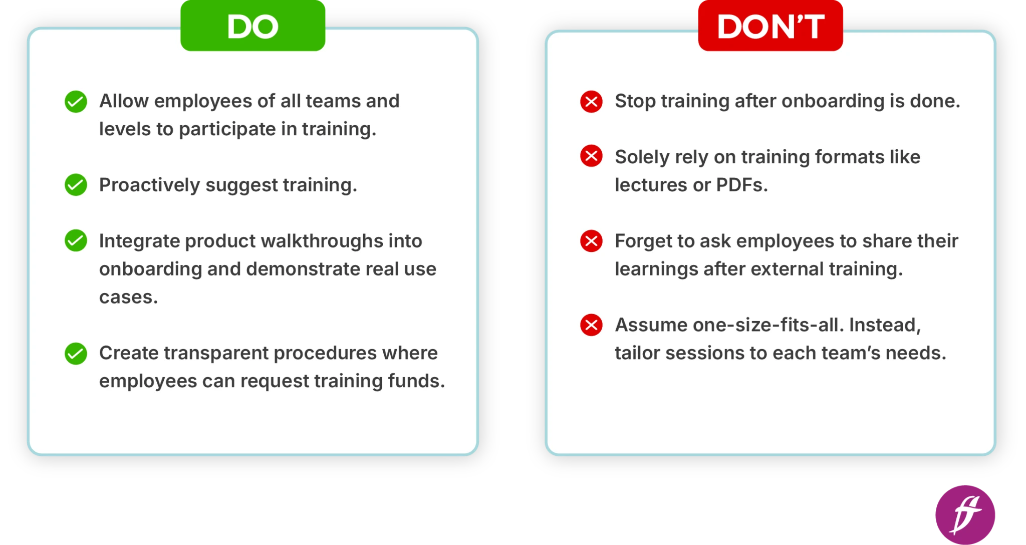 Do and Don't list with points related to employee training.