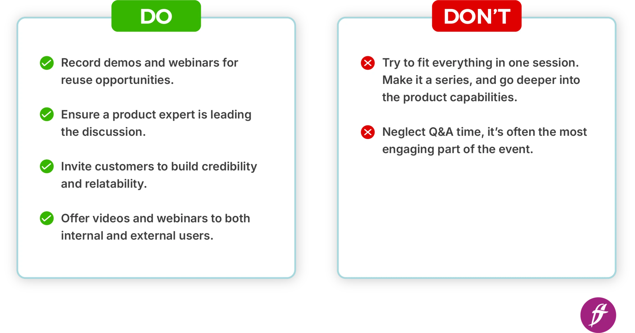 Do and Don't list with points related to product videos.
