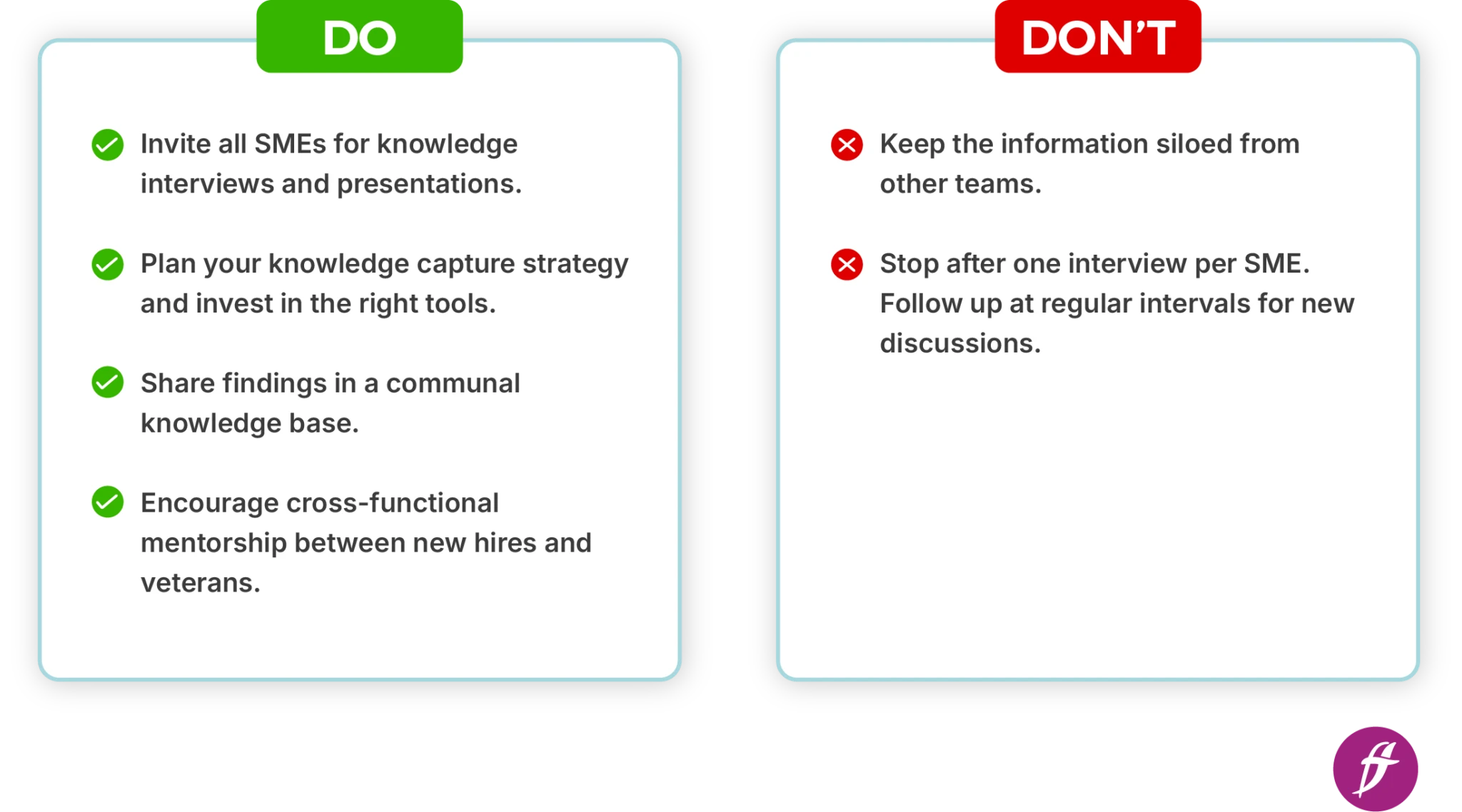 Do and Don't list with points related to capturing tacit SME knowledge.