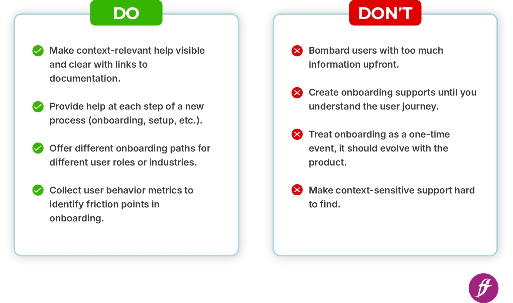 Do and Don't list with points related to user onboarding.