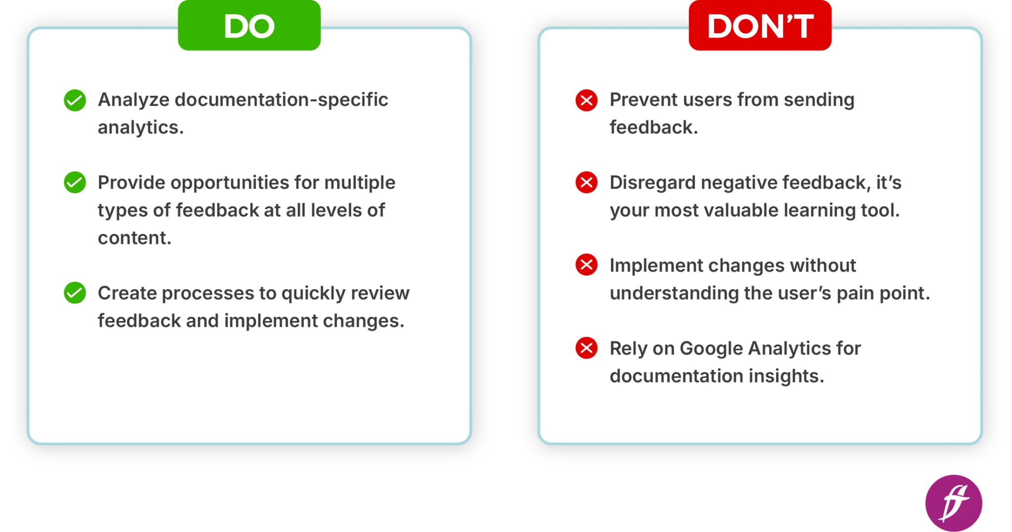 Do and Don't list with points related to using analytics and feedback to improve product knowledge.
