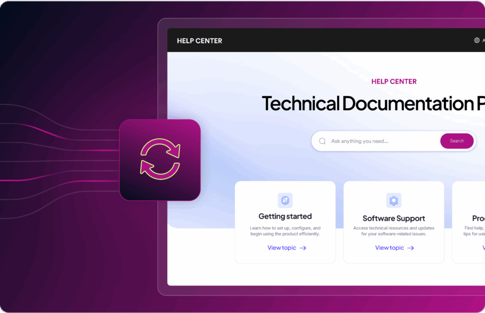 A digital interface for a technical documentation center titled "Help Center," featuring a search bar and sections on getting started, software support with various resources and guides.