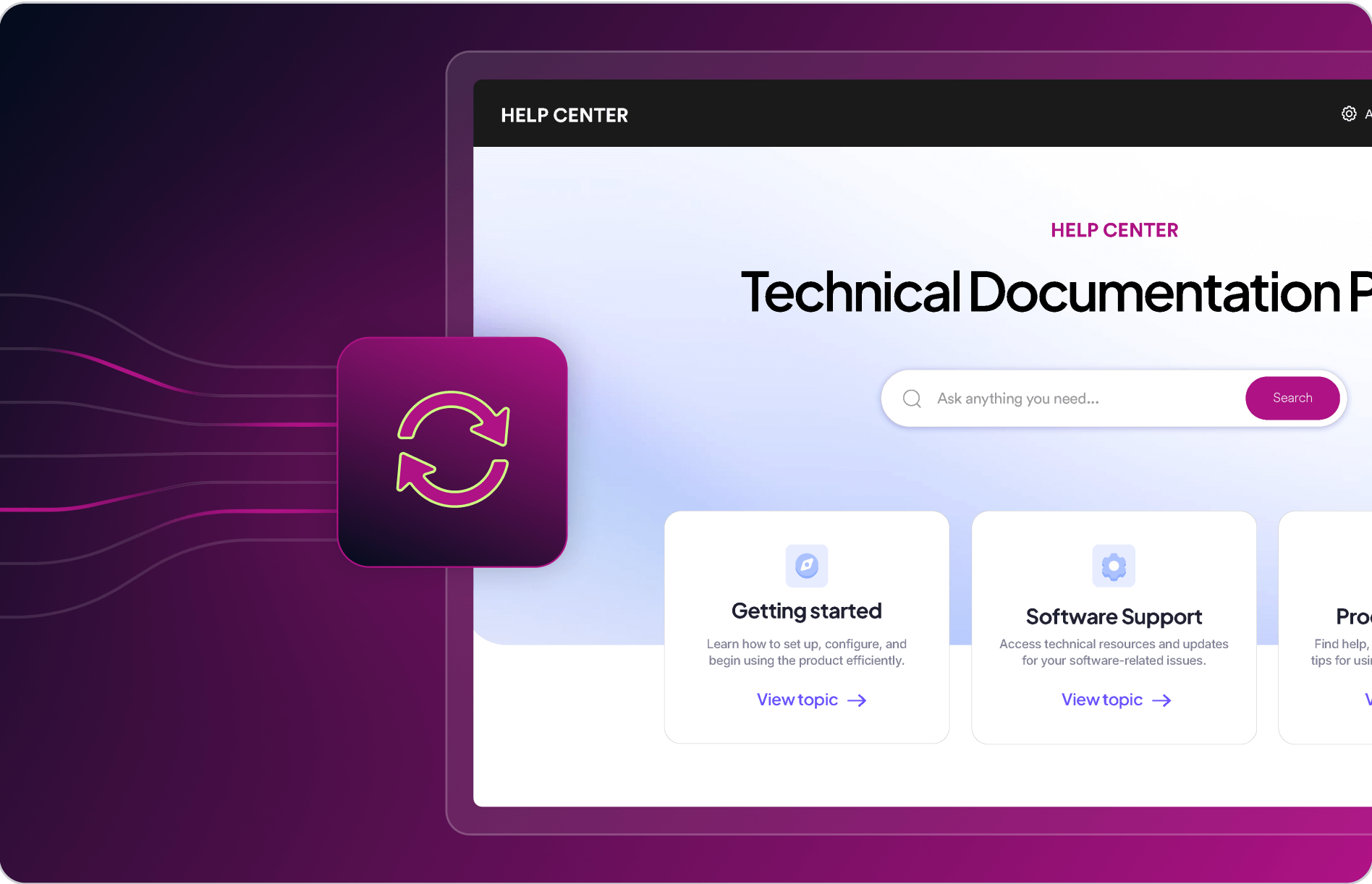 A digital interface for a technical documentation center titled "Help Center," featuring a search bar and sections on getting started, software support with various resources and guides.