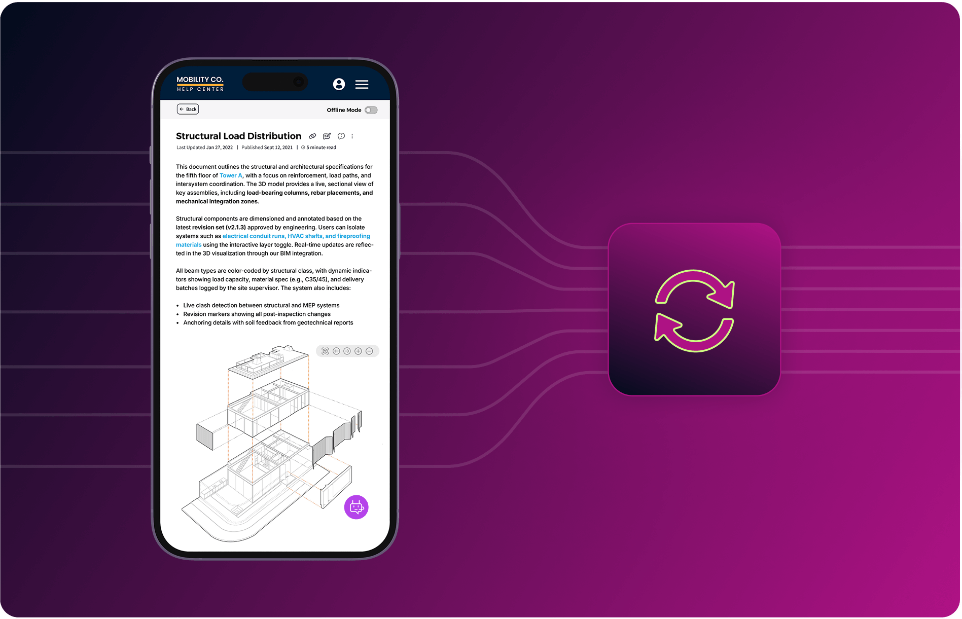 A smartphone displays a technical document with a 3D building diagram on a purple background. Next to it, a purple sync icon is shown with lines connecting the phone and the icon, symbolizing synchronization or data sharing.
