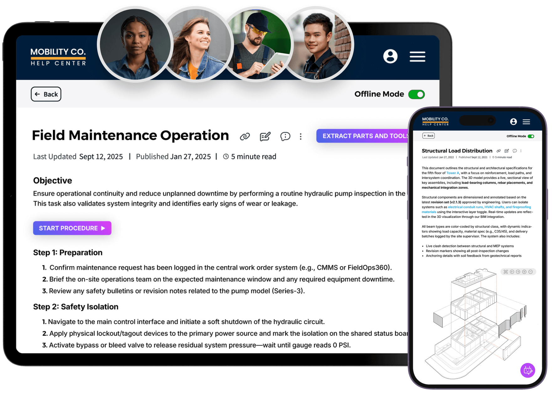 Tablet and Phone showing same topic with Ai assisted actions to interact with technical documentation. A group of user is represented on the top.