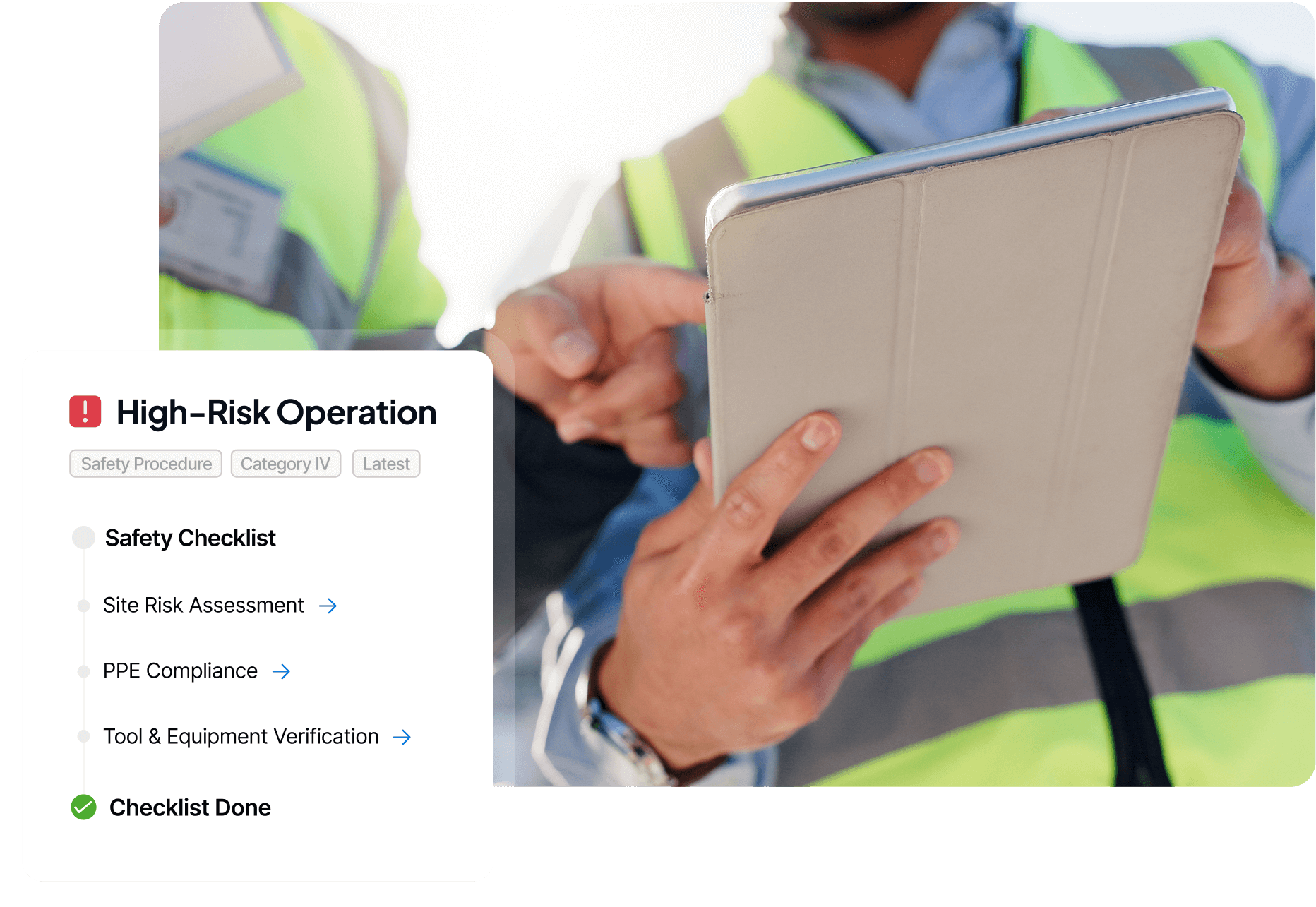 Two workers in reflective vests use a tablet, with an overlay showing a high-risk operation safety checklist. Checklist items include site risk assessment, PPE compliance, tool/equipment verification, and checklist done.