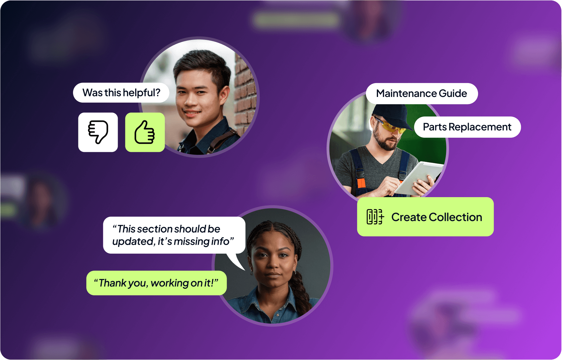 A collage shows a man with thumbs up/down icons and Was this helpful?, a worker with Maintenance Guide and Parts Replacement, and a woman saying, This section should be updated, and Thank you, working on it!.