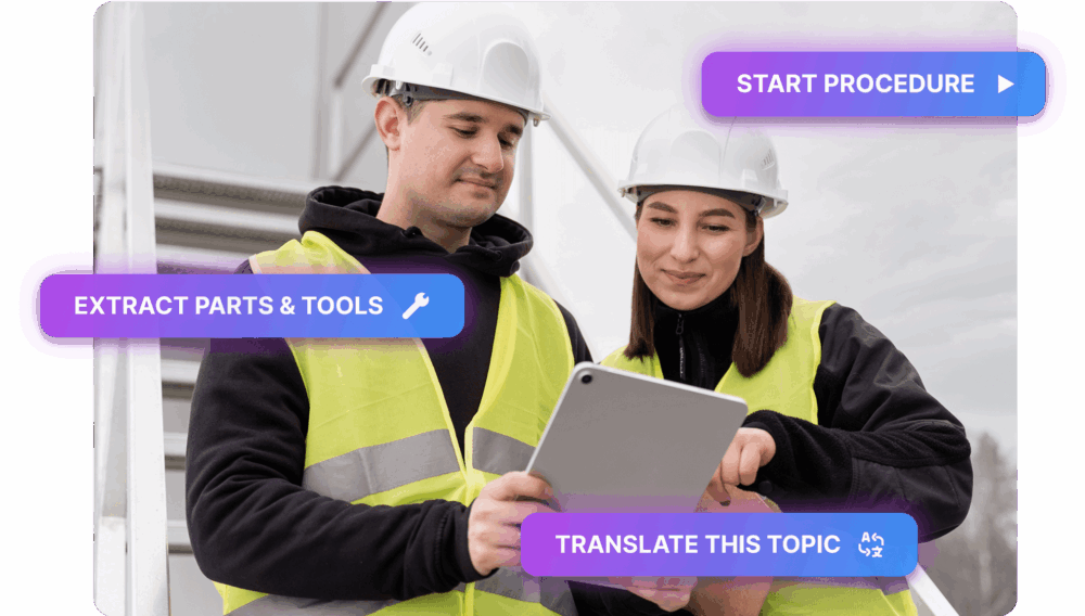 Two construction workers wearing hard hats and safety vests look at a tablet together. Floating buttons read: START PROCEDURE, EXTRACT PARTS & TOOLS, and TRANSLATE THIS TOPIC.