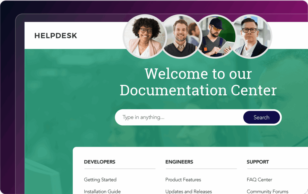 A webpage titled "Welcome to our Technical Documentation Center," featuring a search bar and sections for developers, engineers, and support, along with user profile images at the top.