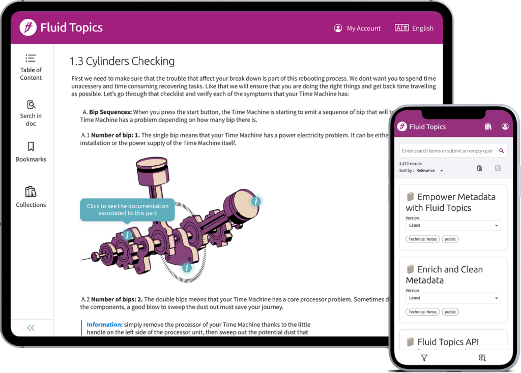 Fluid Topics user interface displaying technical documentation with interactive 3D parts view on a tablet and document search results on a mobile device.