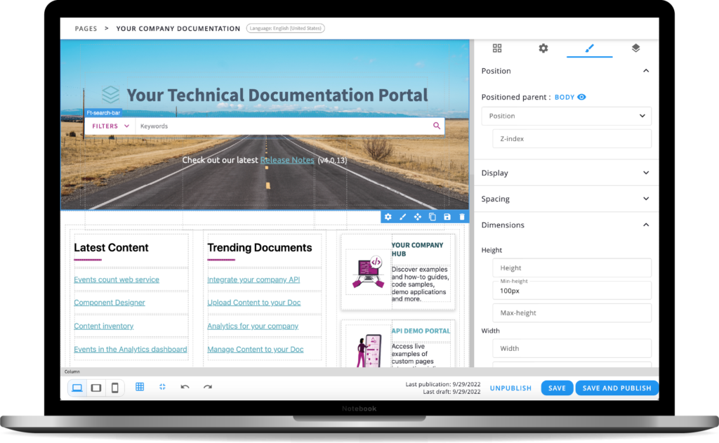 Technical documentation portal dashboard showing content sections.