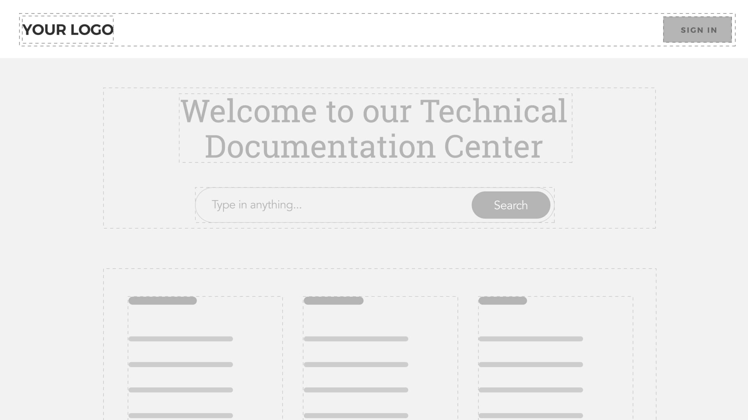 A minimalistic webpage layout for a Technical Documentation Center, featuring a logo, a welcome message, a search bar, and placeholder sections for documents.